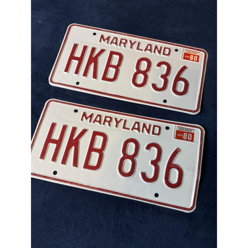 Vtg 1980s Maryland License Plates Set HKB 836 Original Paint White Red MD 80